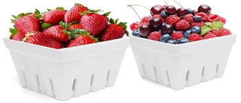 Qlans Ceramic Berry Basket,2-piece setSquare Fruit Bowl With Holes, 5.7" Colander For Kitchen, Cute Small Container For Berries, Strawberry, Grape, Cherry, Rustic Stoneware Décor (White)