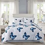 ARTALL Lightweight Microfiber 3 Piece Comforter Set with 2 Shams, Butterfly Pattern Bedding Set, Full/Queen, Blue