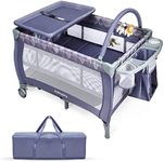 COSTWAY 3 in 1 Travel Cot, Foldable Baby Playard with Bassinet, Changing Table, Toy Bar, Wheels and Carry Bag, Infants Nursery Center for Boys Girls (Grey)