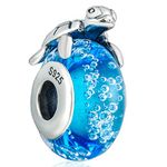 Sea Turtle Charm, 925 Sterling Silver Ocean Tortoise on Blue Bubble Murano Glass Beads, Fit Pandora Hawaii Summer Beach Bracelet, Gift for Valentines/Christmas/Grandma