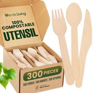 Verde Living Wooden Utensils Disposable Cutlery Set of 300 Forks, Knives & Spoons | Plant-Based Disposable Flatware Set for Eating at Parties, Picnics & Events
