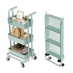 DTK Mini 3 Tier Foldable Rolling Cart, Metal Utility Cart with Lockable Wheels, Folding Storage Trolley for Living Room, Kitchen, Bathroom, Bedroom and Office, Green-Small