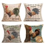 Royalours Pillow Covers Vintage Farmhouse Rooster with Lettering Throw Pillow Covers Cotton Linen Poultry Chicken Decorative Pillowcase Cushion Cover Home Sofa 18" X 18" Set of 4 (Le Coq)