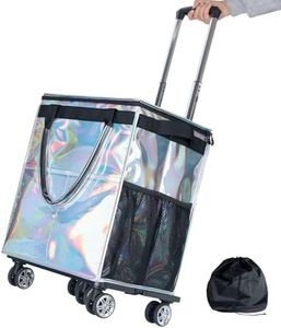 Wloskance Reusable Grocery Bags on Wheels, Rolling Tote, Portable Shopping Cart for Groceries with Wheels and Drawstring Bag, Trolley, 54L, Foldable, Phantom White
