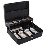AARKRI SALES Steel Cash Box with Safe Key Lock | Tiered Money Coin Tray and Bill Slots | Portable and Compact | 4 Keys | Cash Box with Money Tray and Combination Lock Metal