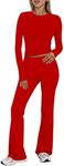 BORIFLORS Women's Workout 2 Piece Lounge Sets Long Sleeve Tops Foldover Flare Pants Casual Outfits Tracksuit,Medium,Red