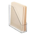 mDesign Plastic Slim Vertical File Folder Storage Organizer Bin with Handle - Hold Notebooks, Binders, Envelopes, Magazines for Home Office, Work Desktops, Ligne Collection, Clear