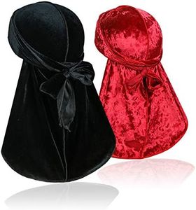 2 Pcs Wave Durags (Velvet Durag and Crushed Velvet Durag) – Premium Soft Headwraps with Extra Long Tail Perfect for 360 Waves, Black+red
