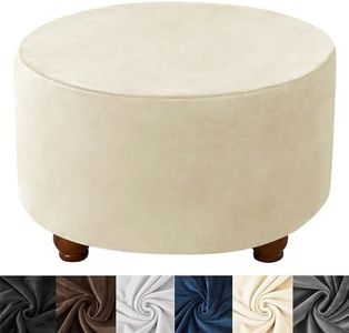 HFCNMY Ottoman Cover Round, Stretch Velvet Round Ottoman Cover Thick Round Ottoman Slipcover Washable Storage Ottoman Cover Foot Stool Cover with Elastic Bottom Beige Large