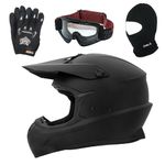 Zorax Matt Black L (59-60cm) ZOR-X305 Motocross HELMET & Gloves L(10cm) & Goggles & Balaclava - MX Quad ATV Sports Enduro Crash Dirt Bike Helmet ECE 22.06 Certified