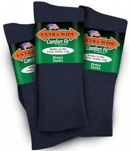 Extra Wide Dress Socks - Exceptional Stretch and Comfort, Wide Foot, Ankle & Calf, Light Weight Material, Crew Length Fit - 3 Pack, Fits Up to 6E Width, Non-binding - Made in USA - Navy, Medium