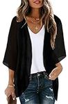 Kimono Cardigan for Women Blouse Chiffon Summer Clothes Sheer Boho Jacket(Solid Black, M)