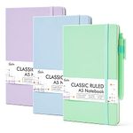 feela Hardcover Notebook For Work, Classic Ruled Lined Journal Set School Business Supplies, with 3 Black Pens, 120 GSM, 5.1”x8.3”, 3 Pack, A5, Pastel Colors, Light Blue, Light Purple, Light Green