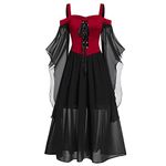 AMhomely Halloween Dress Medieval Costume Women Butterfly Sleeve Maxi Dress Cold Shoulder Steampunk Corset Dress for Women Gothic Clothes, Red #2, XXL