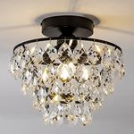 Modern Small Crystal Ceiling Light Fixture, Matt Black Semi Flush Mount Ceiling Light Fixture, Mini Crystal Chandeliers for Hallway Bedroom Bathroom Closet Bedroom Foyer