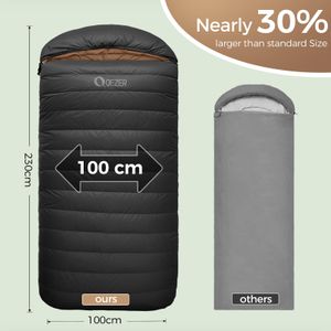 QEZER XXL Down Sleeping Bag – 230x100cm, 1300g, Black, 3-4 Season Lightweight for Adults Camping