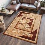 TAPISO Atlas Area Rug Light Brown Vintage Traditional Frame Leaves Short Pile Living Room Bedroom Durable OEKO-TEX Carpet Size - 200 x 300 cm (6ft7 x 9ft10)