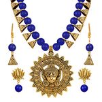 JFL - Jewellery for Less Antique Gold German Silver Oxidized Combo of 2 Earrings and Beaded Temple Necklace Set with Adjustable Thread (Navy Blue),Valentine