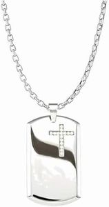 Chrome Polished Stainless Steel CZ Dog Tag Cross Pendant Necklace, 28" (48.98X28.92MM), Metal, Cubic Zirconia