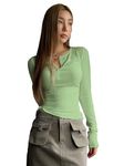 Shasmi Women's & Girl's Light Green Long Sleeve Round Neck Solid Color Ruched Workwear Casual Top Half Button Down Henley T-Shirt for Women (Top 128 Light Green-XL)