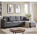 EMKK Modern Fabric Living Room Furniture Set Sectional Sofa,Sofas&Couches with Folded Cup Holder & Right Chaise,L-Shape Corner Couch with Storage Ottoman,Nailhead Trim Sofá for Apartments, Light Gray