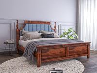 Sheeshamwallah Wooden King Size Bed Without Storage | Low Height Cot with Blue Upholstered Cushion Headboard | Solid Wood Sheesham, Honey Finish | Mattress Size: 78 X 72