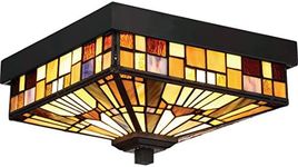 Quoizel Inglenook 2-Light Flush Mount Ceiling Light, Handcrafted Geometric Orange, Yellow, and Brown Tiffany Art Glass in Flush Ceiling Light, Valiant Bronze Finish for Elegant Interior Lighting