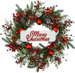 AMF0RESJ 20 inch Artificial Christmas Wreath Winter Wreath with red Ball,red Berry,Pine Needles for Indoor Outdoor Farmhouse Home Wall Window Festival Wedding Decor