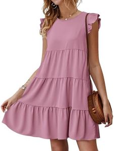 KIRUNDO Women's Summer Dresses Sleeveless Ruffle Sleeve Round Neck Solid Loose Short Flowy Pleated Mini Babydoll Dress(Pink, Medium)