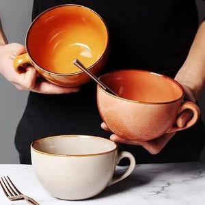 Coffee Mug, Microwavable 700ml Retro Ceramic Soup Cups with Handle, Multifunctional Large Cereal Breakfast Cup for Oats, Corn Flakes (Khaki)