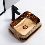 CLUSTER Designer Glossy Ceramic Table Top/Counter Top/Wash Basin For Bathroom And Livingroom Decor, Rose Gold (Rectangular Shape Basin 18 x 14 x 5.3 Inch) (CLTT-085)