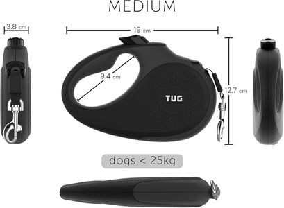 TUG Retractable Dog Lead, Medium, Black – Durable Pet Leash