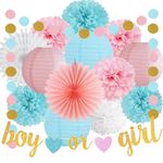 Gender Reveal Party Decorations Glitter Letters Boy or Girl with Hearts Banner Tissue Paper Poms Paper Lanterns Circle Dot Garland for Baby Shower Birthday Pink and Blue Party Decoration