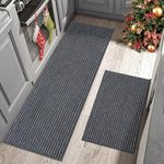 BEQHAUSE Kitchen Rugs and Mats Non Skid Washable Kitchen Floor Mat with TPR Backing 100% Polyester Dark Grey Kitchen Mat Set of 2 Absorbent Runner Rugs for Kitchen 60X89cm+60X152cm, Dark Grey