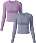 OQQ Womens 2 Piece Shirts Long Sleeve Crew Neck Ruched Stretch Basic Fitted Tee Shirts Tops Taro Purple Blues