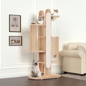 Modern Cat Tree Tower for Indoor Cats, 67" Tall Solid Wooden Cat Tower with Scratching Posts, 6 Level Natural Luxury Cat House, Washable Cushions Cat Furniture for Large Multi-Cat Households White