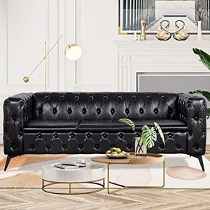 Vaztrlus Black Couches for Living Room Modern Tufted Chesterfield Sofa Deep Seat Comfy Faux Leather Sofa Tight Pleated Rolled Arms 85” 3 Seater Sofas for Bedroom Office