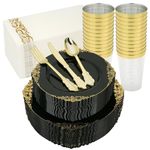 350PCS Black and Gold Plastic Plates,Black Plastic Dinnerware Sets for 50 Guests,Black Plastic Plates, Party Plastic Plates,Gold Plastic Cups, Gold Plastic Silverware, Gold Napkins