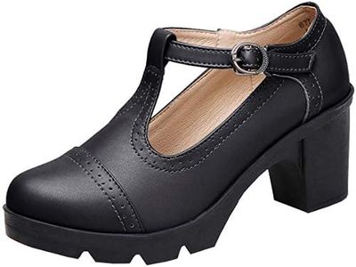 DADAWEN Women's Classic T-Strap Platform Mid-Heel Square Toe Oxfords Dress Shoes Black US Size 6.5