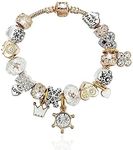 Pandora Inspired Full Set Beaded Charm Bracelet - White/Gold