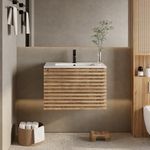 eclife 30" Floating Bathroom Vanity with Sink Combo Mid-Century Wall Mounted Cabinet Set with Wood Stripes, Drawers, Undermount Sink & Faucet, Light Walnut