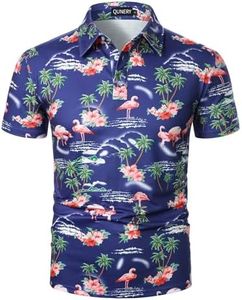 QUNERY Men's Polo Shirts Short Sleeve Casual Summer Print Polo Shirt Hawaiian Tropical Shirt Navy Blue (Flamingo) XL