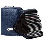 LINNO RFID 20 Card Slots Credit Card Holder Genuine Leather Small Card Case for Women or Men Accordion Wallet with Zipper, Dark Blue,