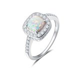 Carleen Created Opal Ring 925 Sterling Silver October Birthstone Cubic Zirconia CZ Halo Engagement Wedding Ring Fine Jewelry Gift for Women, All Size, Gemstone, Opal