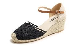 Feversole Close Toe Espadrilles Women's Comfort Breathable Slip On Flats Shoes Black Wedge Knit Crochet Jute Size 9 M US