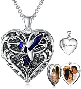 SOULMEET Blue Hummingbird Locket Necklace That Holds 2 Pictures Photo Bird Locket Pendant Sterling Silver Custom Jewelry Personalized for Family (Custom Photo & Text)