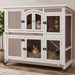 Gowoodhut 47"L Rabbit Hutch Indoor Wooden 2 Story Rabbit Large Bunny Hutch Outdoor Bunny Cage on 4 Metal Wheels and 2 Deeper Pull Out Trays, Ramp,Guinea Pig Pet House for Small to Medium Animals,Grey