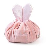 Lazy Make up Bag Flat LayVelvet Drawstring Portable Large Cosmetic Bag Pouch Travel Makeup Pouch Storage Organizer with Cute Rabbit Ear for Women Girl(Pink)