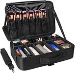 Samtour Makeup Train Case Cosmetic Bag Professional Brush Organizer and Storage Travel Make Up Artist Box 3 Layer Large Capacity with Adjustable Strap (Black, Large)