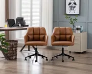 Wahson Brown Leather Mid Back Office Desk Chair Set of 2, Adjustable Height, 360 Swivel, Armchair for Home Office